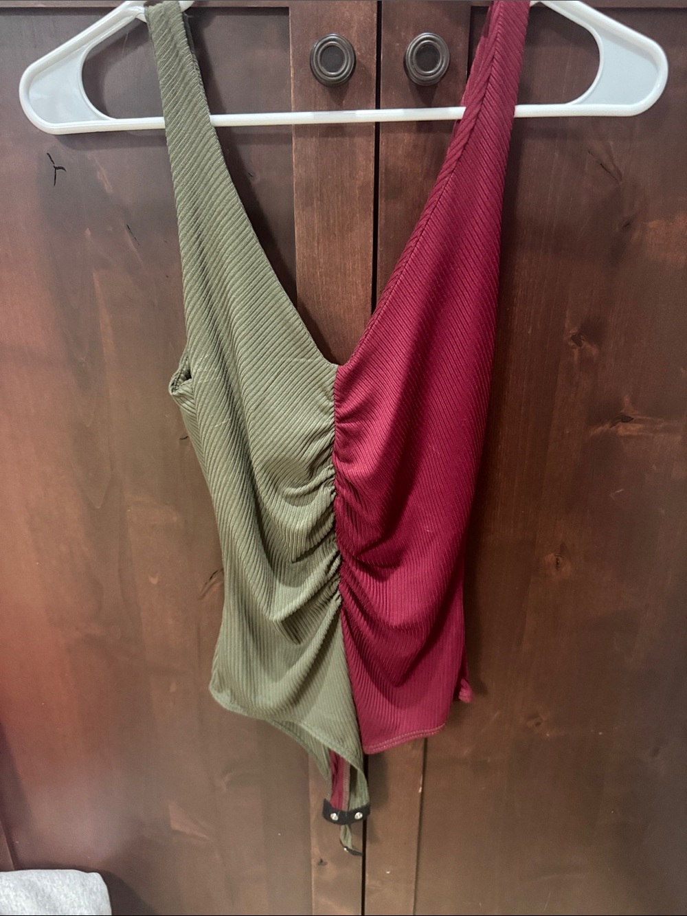 Peach Love California Two-Tone Ruched V-Neck Bodysuit - I Olive & Burgundy